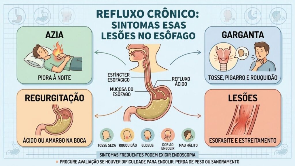 Azia, regurgitação, sintomas na garganta e lesões revelam refluxo persistente.