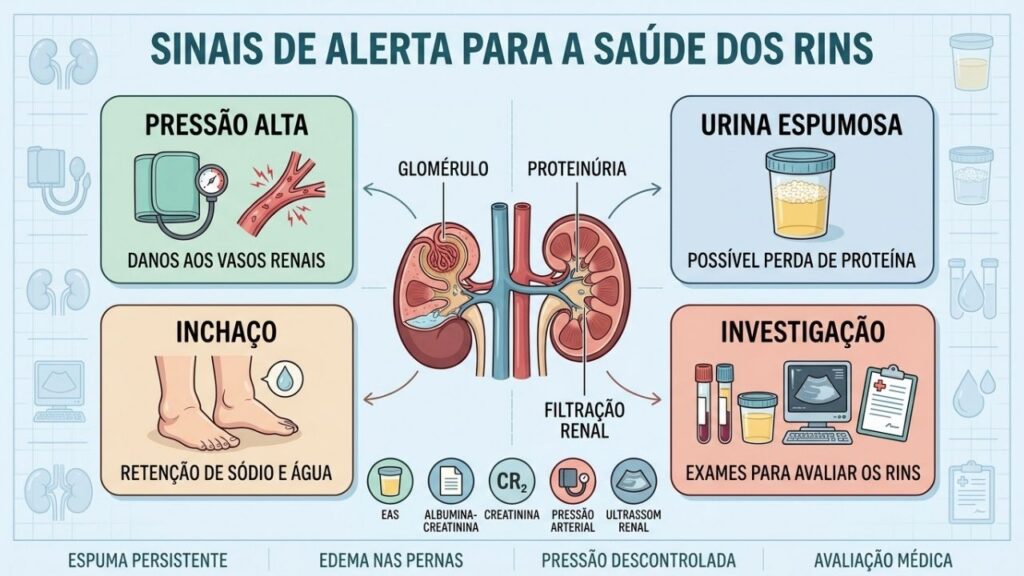 Pressão, proteinúria, inchaço e exames orientam a avaliação da saúde renal.