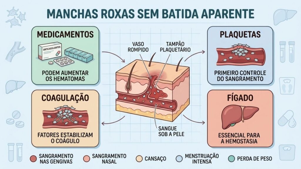 Medicamentos, plaquetas, coagulação e fígado ajudam a explicar hematomas recorrentes.