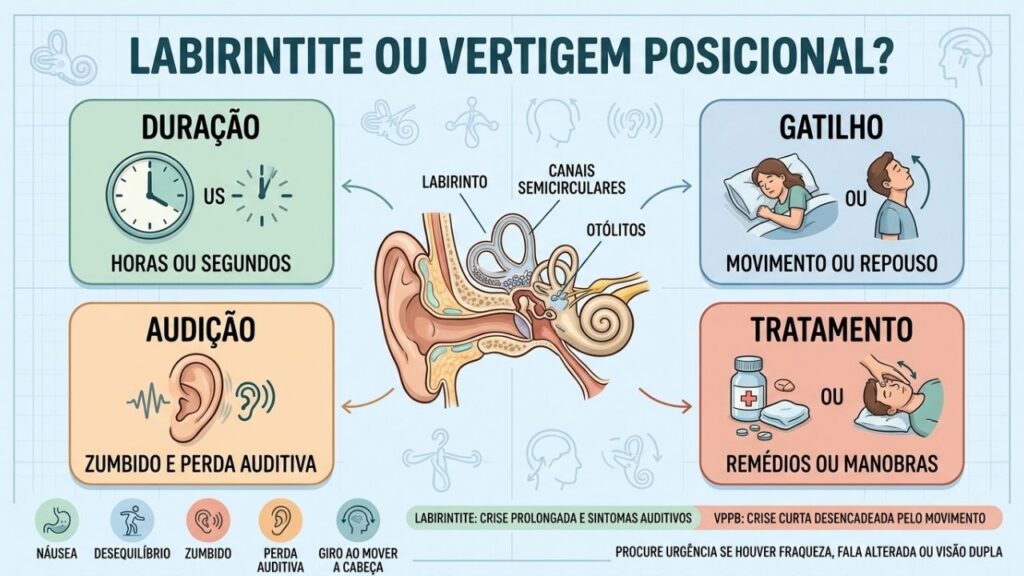 Duração, gatilhos, audição e tratamento diferenciam labirintite de vertigem posicional.