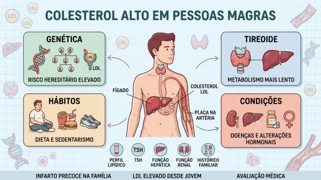 Genética, tireoide, hábitos e doenças explicam colesterol alto em pessoas magras.