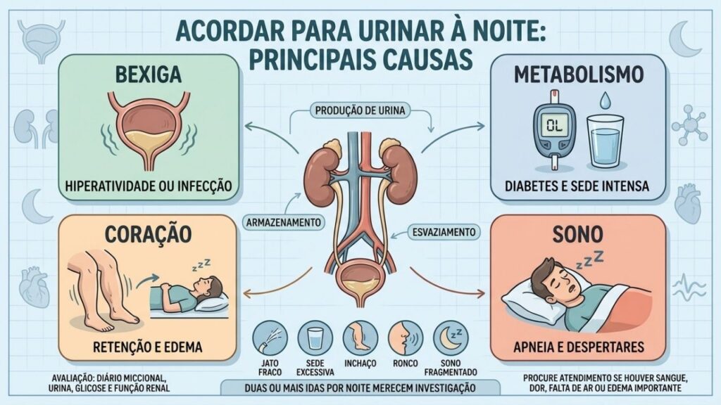 Bexiga, diabetes, retenção de líquidos e apneia estão entre as causas da noctúria.