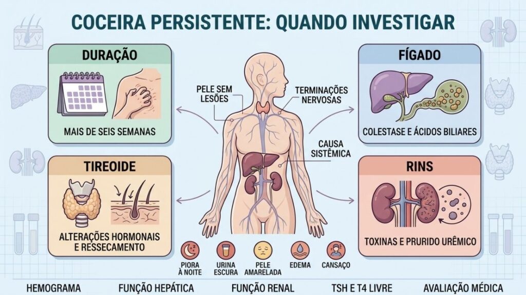 Duração, fígado, tireoide e rins orientam a investigação do prurido crônico.