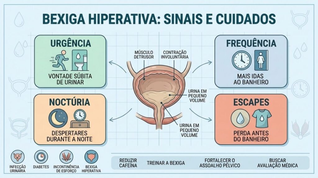 Urgência, frequência, noctúria e escapes são sinais comuns da bexiga hiperativa.