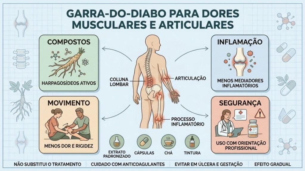 Compostos, inflamação, movimento e segurança orientam o uso da garra-do-diabo.