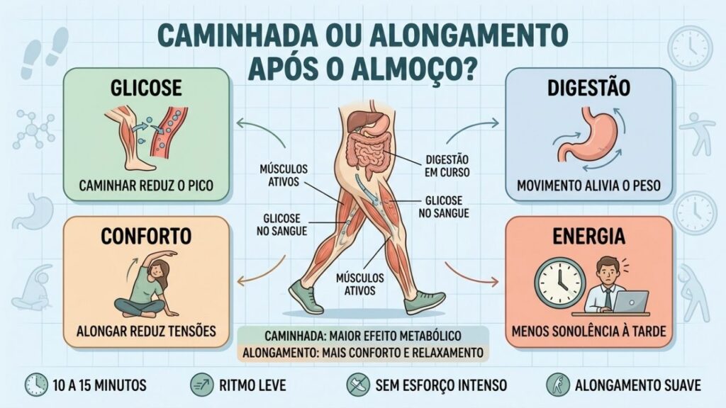 Caminhada melhora glicose e energia; alongamento favorece conforto, postura e relaxamento.