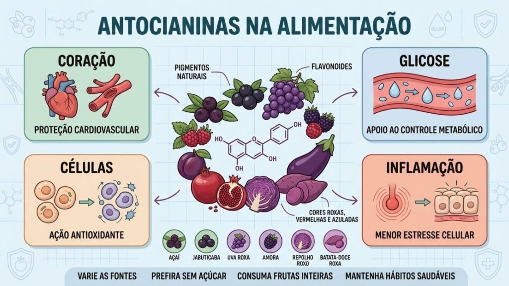 Coração, glicose, células e inflamação concentram os principais efeitos das antocianinas.