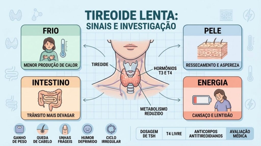 Frio, pele seca, constipação e cansaço podem refletir metabolismo reduzido.