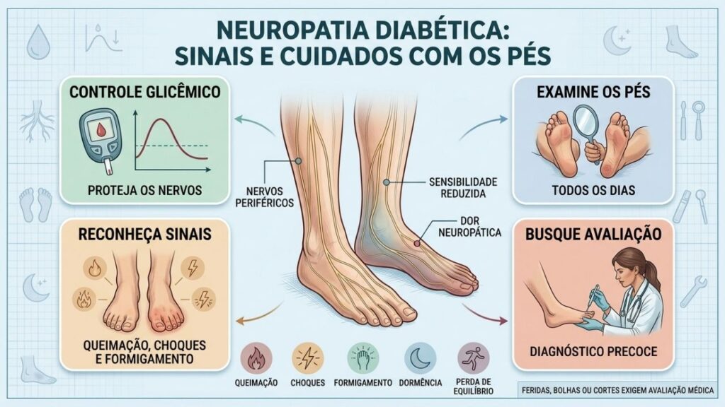 Controle glicêmico, inspeção diária e avaliação precoce ajudam a proteger os pés.