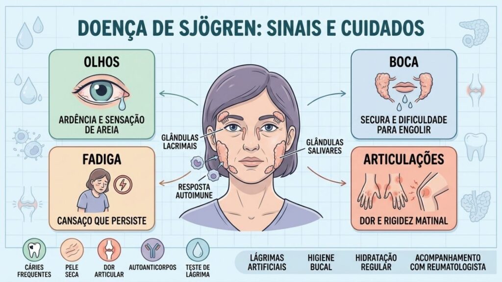 Secura ocular, boca seca, fadiga e dor articular orientam a investigação de Sjögren.