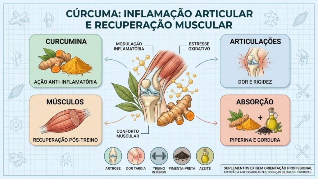 Curcumina, articulações, músculos e absorção resumem os principais cuidados com a cúrcuma.