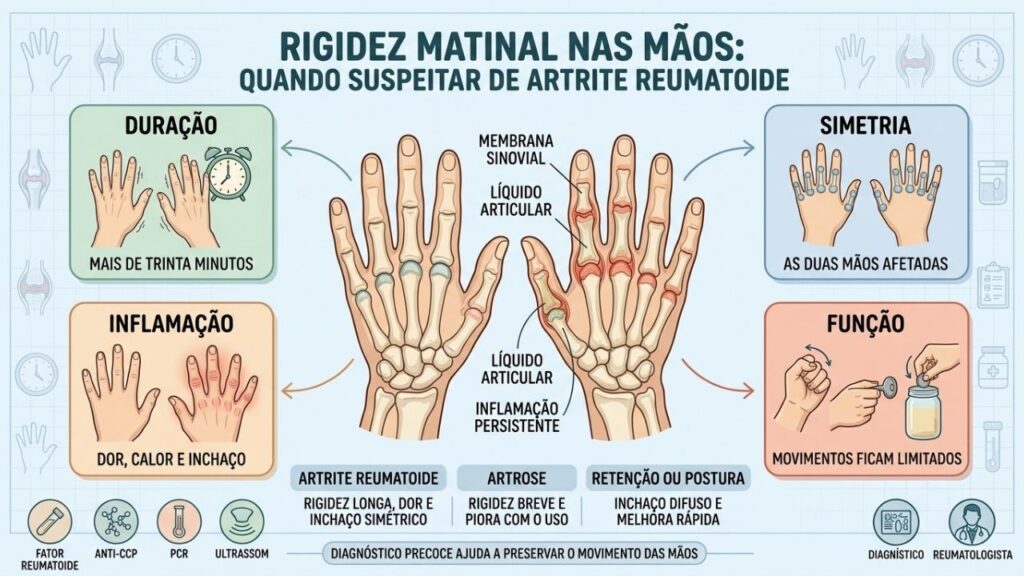 Duração, simetria, inflamação e perda funcional orientam a suspeita de artrite reumatoide.