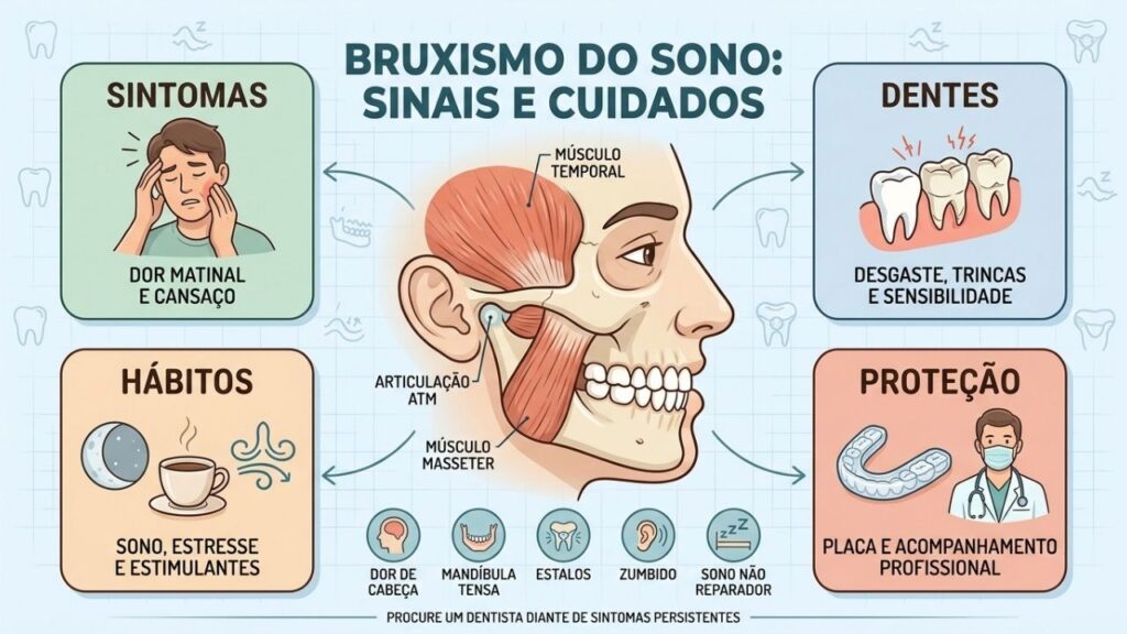Sintomas, desgaste dental, hábitos e proteção orientam o manejo do bruxismo noturno.
