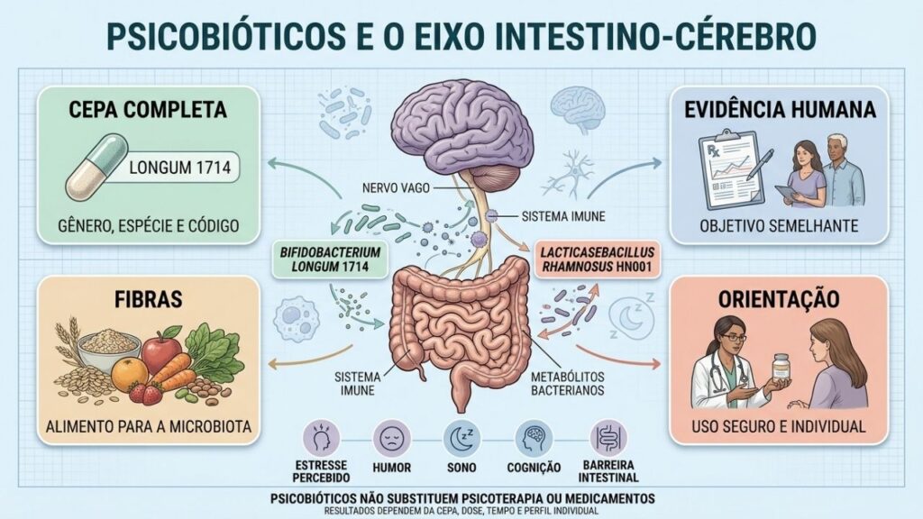 Cepa, evidência, fibras e orientação definem o uso responsável de psicobióticos.