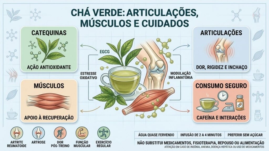 Catequinas, articulações, músculos e consumo seguro resumem os efeitos do chá verde.
