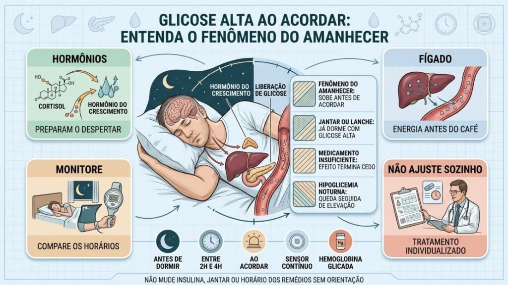 Hormônios, fígado, monitorização e tratamento ajudam a explicar a glicose matinal.