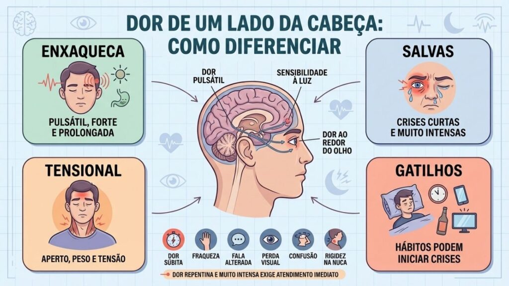 Enxaqueca, salvas, tensão e gatilhos formam padrões distintos de dor unilateral.