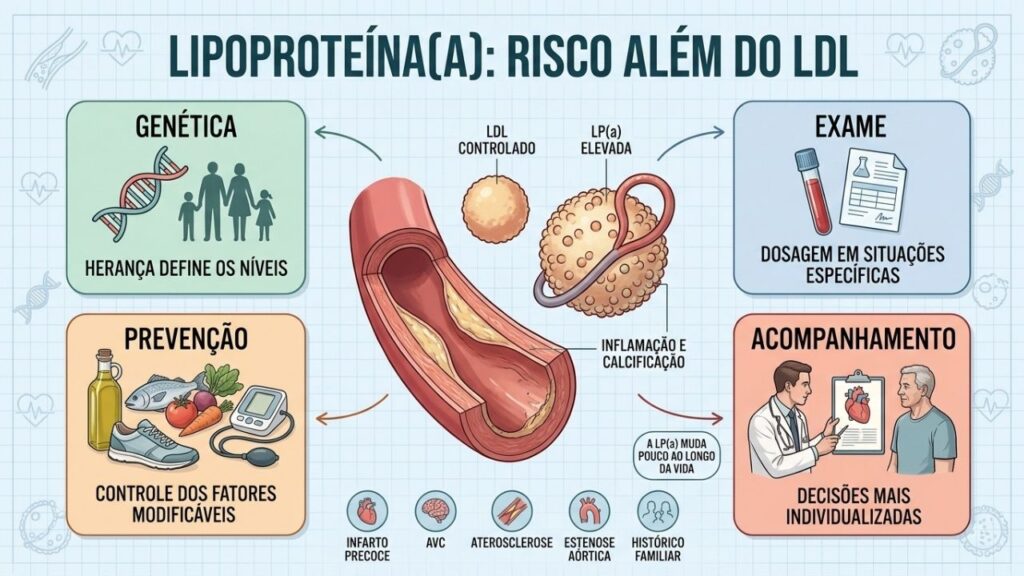 Genética, exame, prevenção e acompanhamento orientam o cuidado quando a Lp(a) está alta.