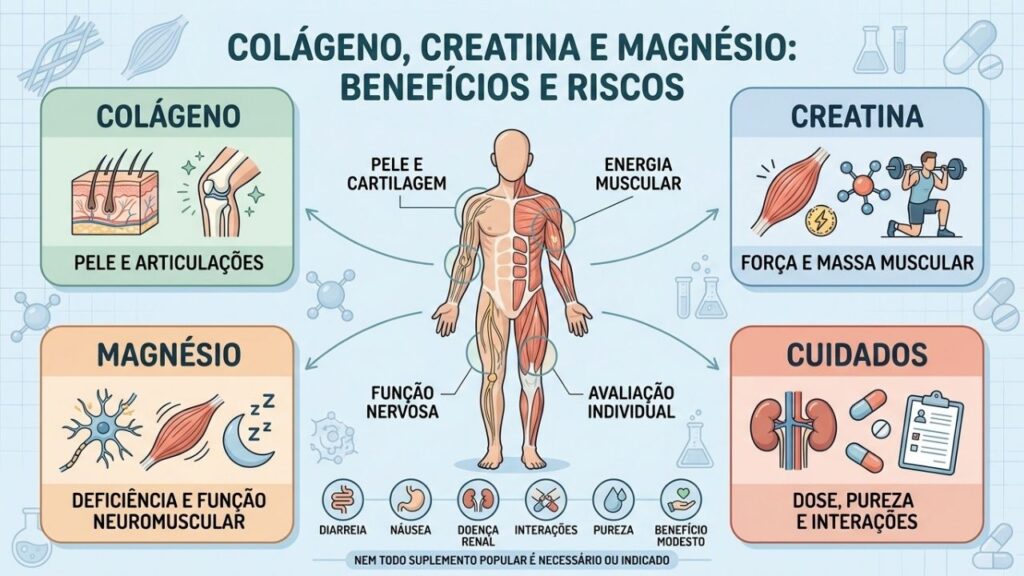 Colágeno, creatina, magnésio e cuidados clínicos resumem benefícios e limitações da suplementação.