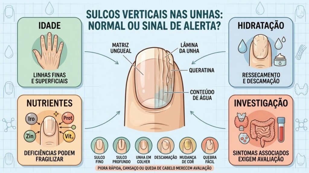 Idade, hidratação, nutrientes e sintomas associados ajudam a interpretar os sulcos ungueais.