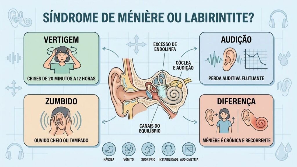 Vertigem, zumbido, perda auditiva e duração das crises orientam o diagnóstico.