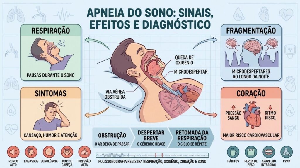 Pausas respiratórias, microdespertares, sintomas diurnos e risco cardiovascular orientam a investigação.