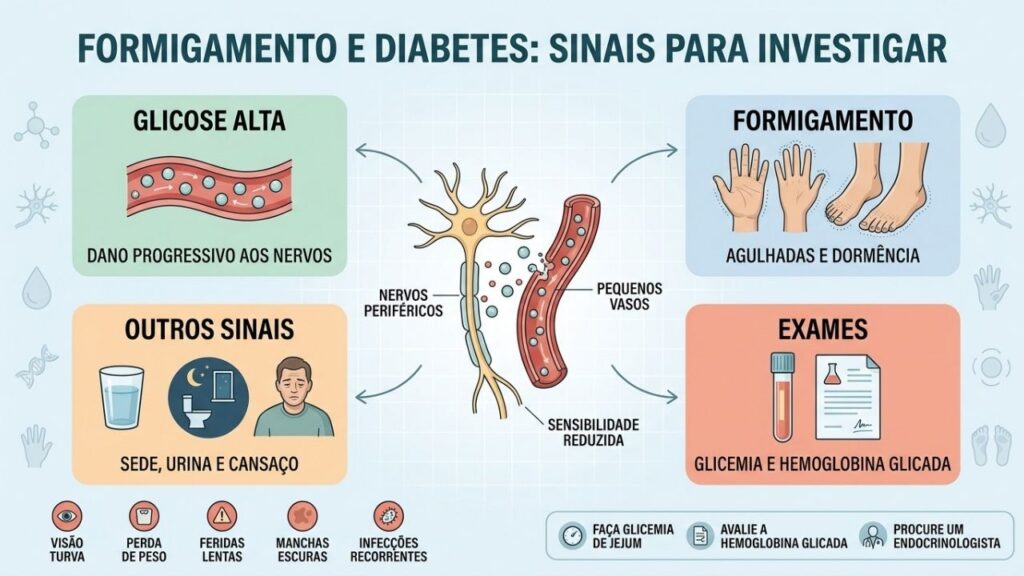 Glicose alta pode afetar nervos, circulação, sensibilidade e cicatrização.