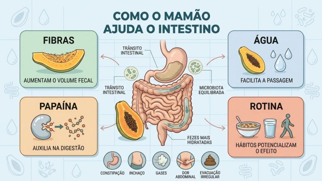 Fibras, água, papaína e hábitos saudáveis apoiam o funcionamento intestinal.
