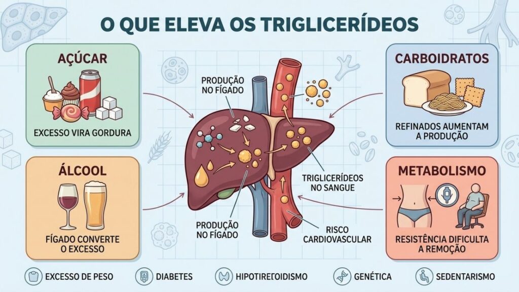 Açúcar, carboidratos, álcool e metabolismo influenciam diretamente os triglicerídeos.