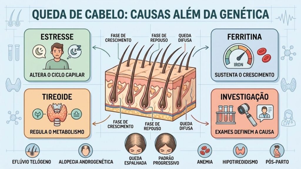 Estresse, ferritina, tireoide e exames ajudam a esclarecer a queda capilar.