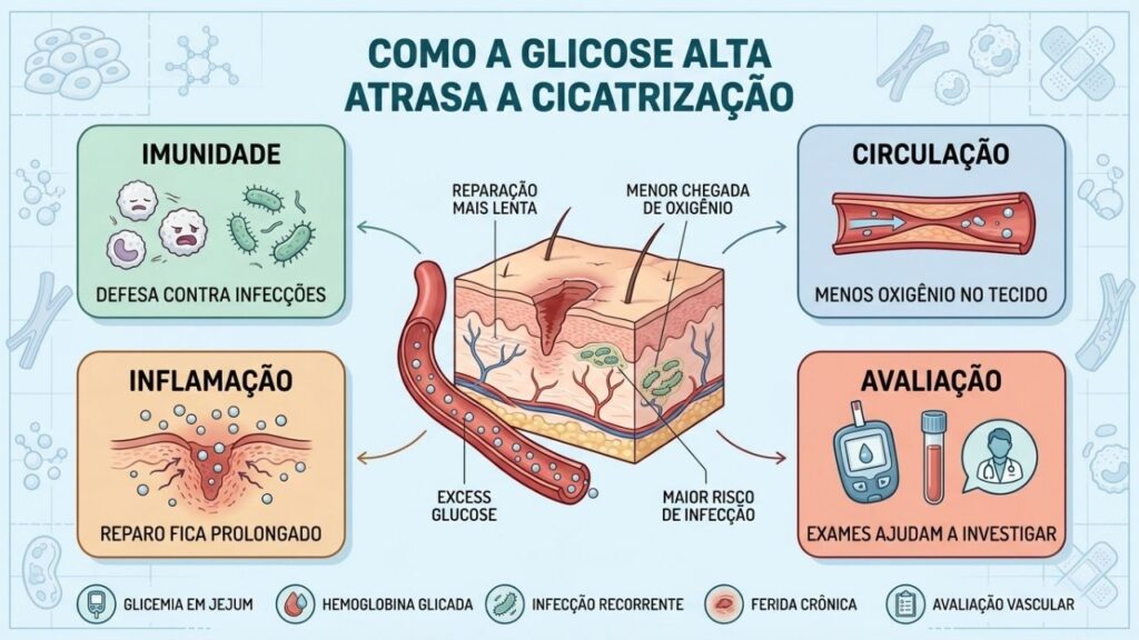 Imunidade, circulação, inflamação e exames explicam a cicatrização prejudicada.