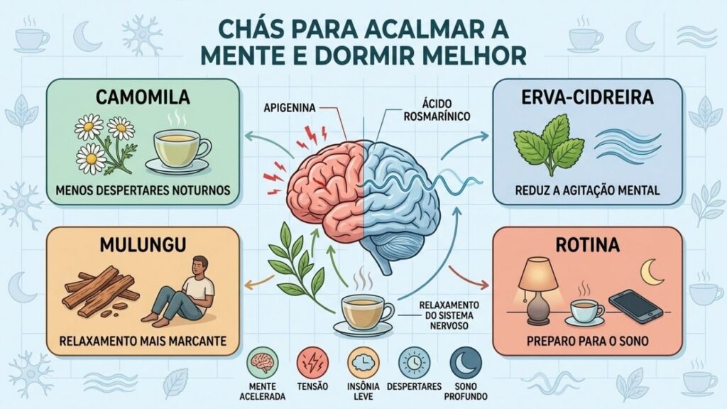 Camomila, erva-cidreira, mulungu e rotina noturna apoiam um sono melhor.