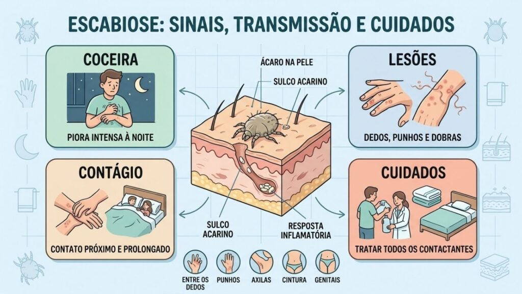 Coceira noturna, lesões típicas, contágio e tratamento orientam o controle da escabiose.