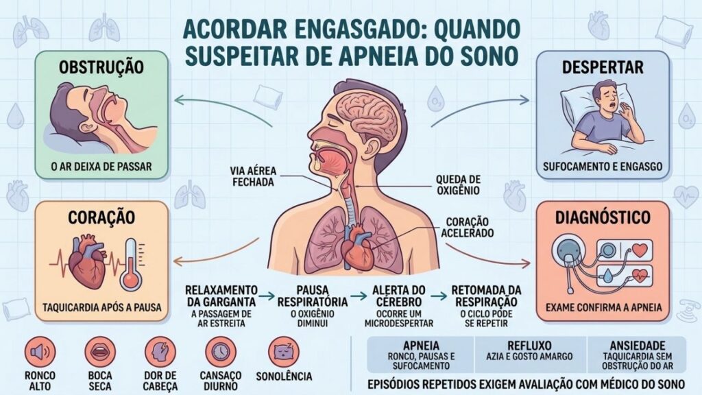Obstrução, queda de oxigênio, despertar súbito e taquicardia explicam o episódio noturno.