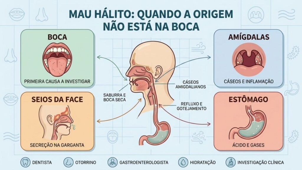 Boca, amígdalas, seios da face e estômago exigem investigação direcionada.