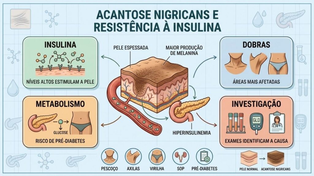 Quatro pontos explicam os sinais, fatores, mecanismo e investigação da acantose nigricans.