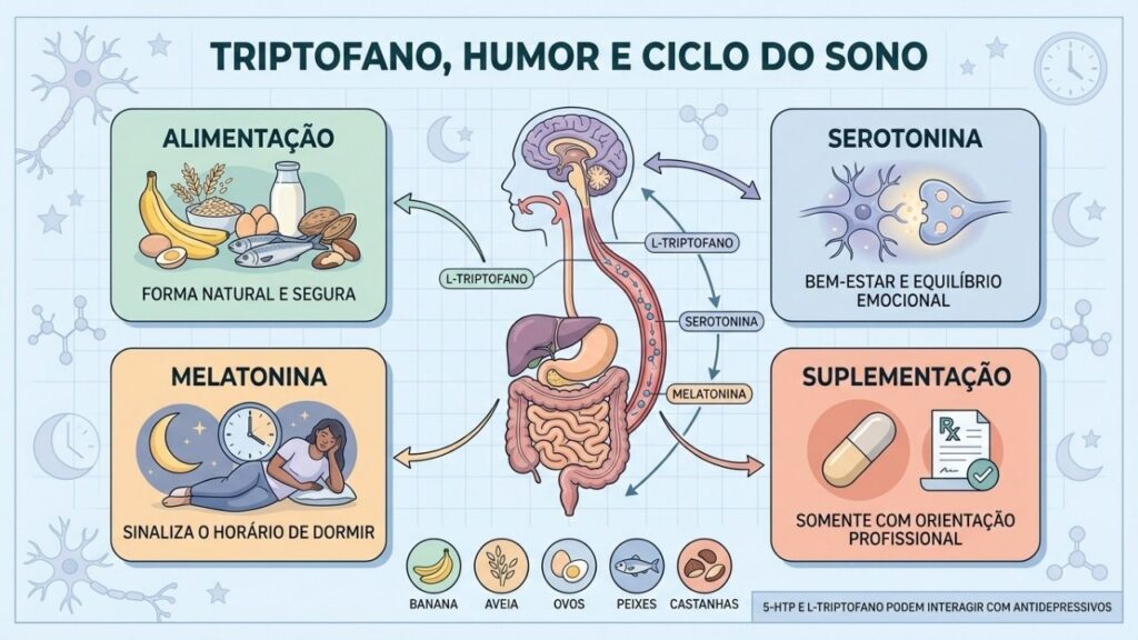 Alimentação, serotonina, melatonina e orientação profissional estruturam o uso do triptofano.