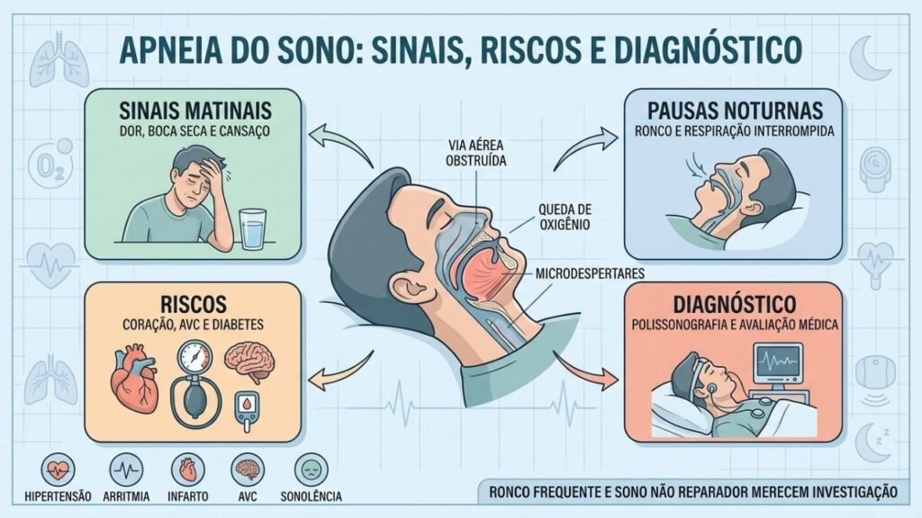 Sinais, pausas respiratórias, riscos cardiovasculares e diagnóstico orientam a investigação da apneia.