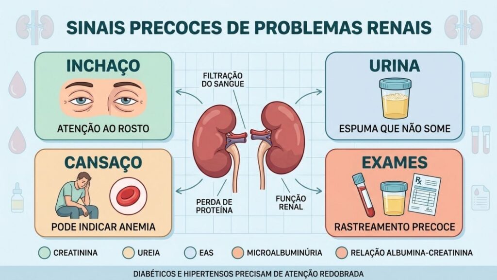 Inchaço, urina espumosa, cansaço e exames simples ajudam a detectar alterações renais.
