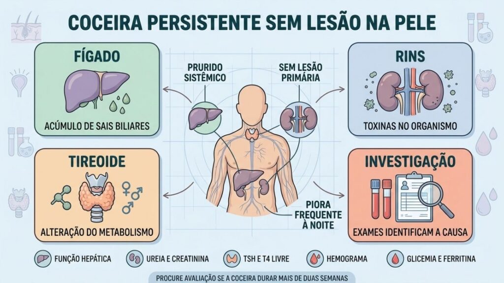 Fígado, rins, tireoide e exames laboratoriais orientam a investigação do prurido sistêmico.