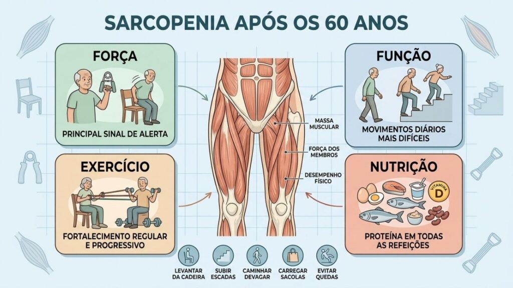 Força, função, exercício e proteína ajudam a prevenir e tratar sarcopenia.