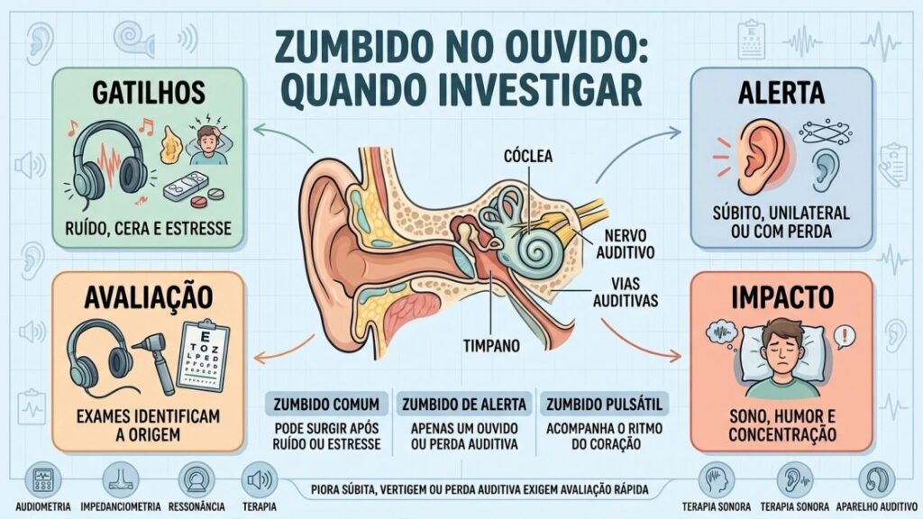 Gatilhos, sinais de alerta, exames e impacto orientam a investigação do tinnitus.