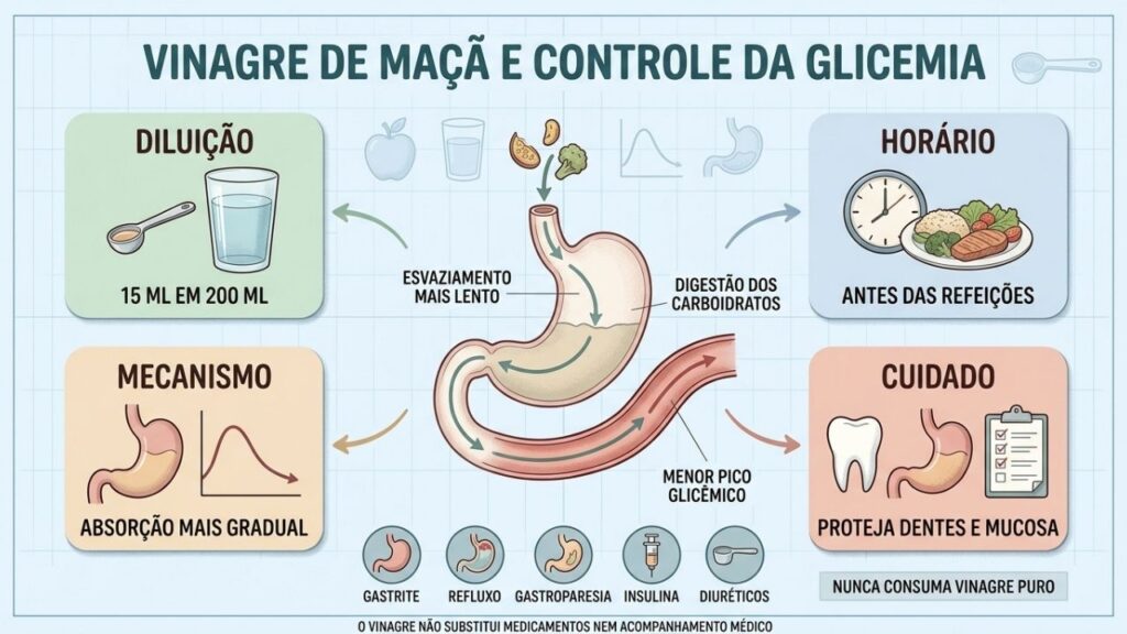 Diluição, horário, mecanismo e cautela orientam o consumo seguro do vinagre.