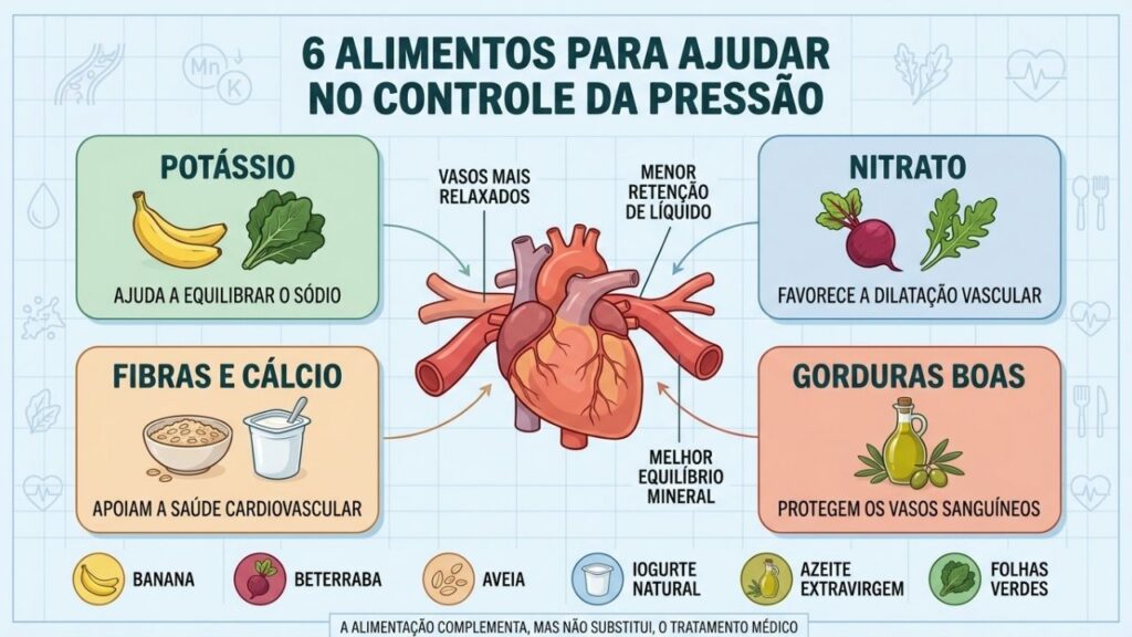 Seis alimentos fornecem potássio, nitrato, fibras, cálcio e gorduras protetoras dos vasos.
