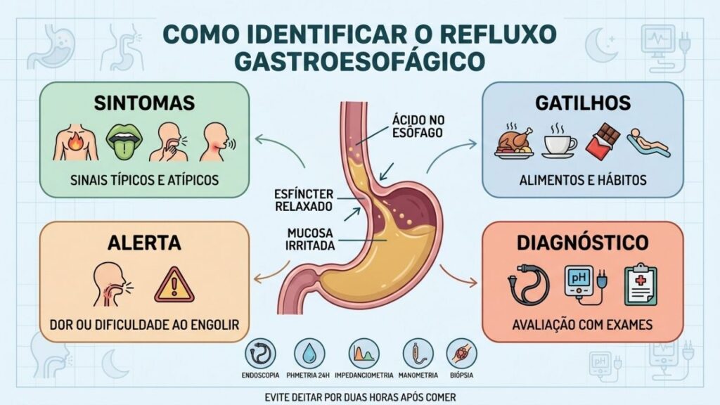Sintomas, gatilhos, sinais de alerta e exames orientam o diagnóstico do refluxo.