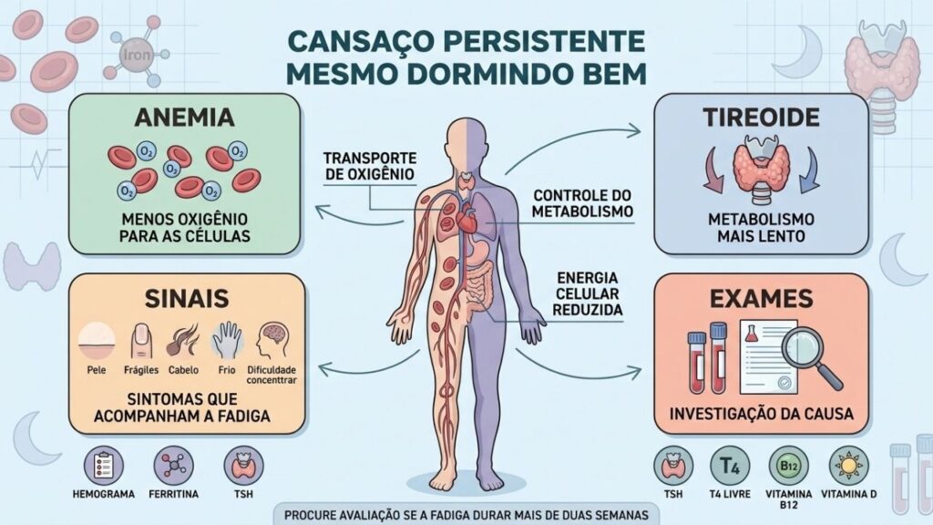 Anemia, tireoide, sintomas associados e exames orientam a investigação da fadiga persistente.