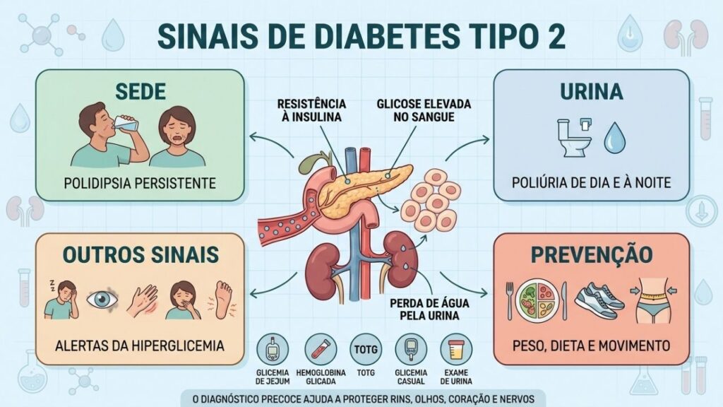 Sede, poliúria, sintomas associados e exames ajudam a identificar o diabetes tipo 2.