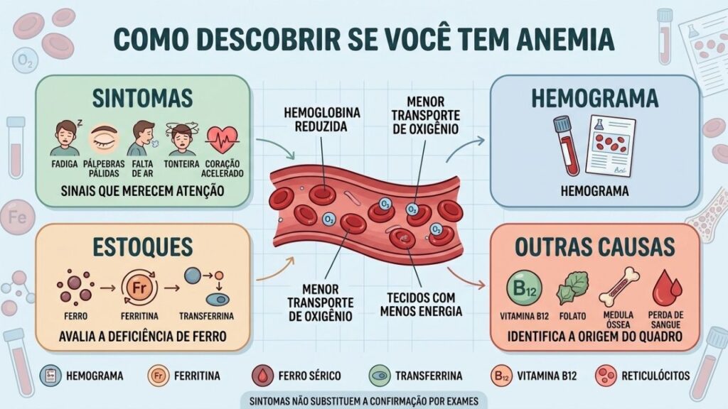 Sintomas, hemograma e exames de ferro ajudam a confirmar e classificar a anemia.