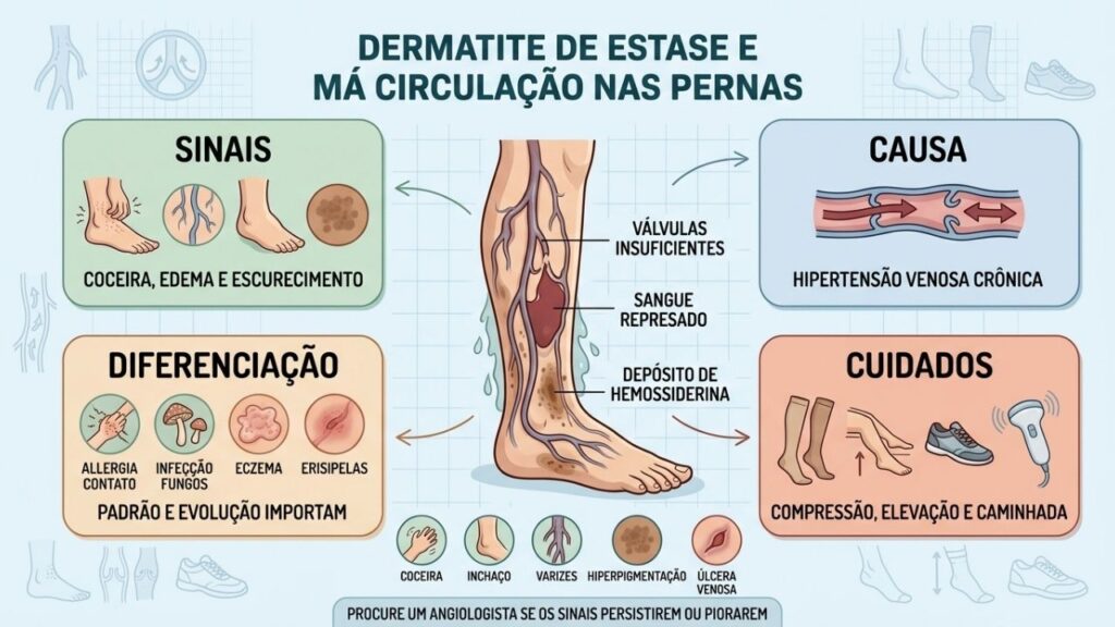 Má circulação provoca coceira, inchaço, veias dilatadas e escurecimento progressivo dos tornozelos