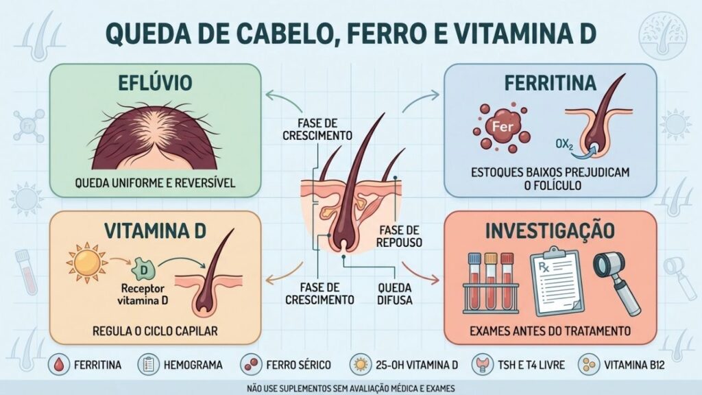 Ferritina, vitamina D, ciclo capilar e exames orientam a investigação da queda.